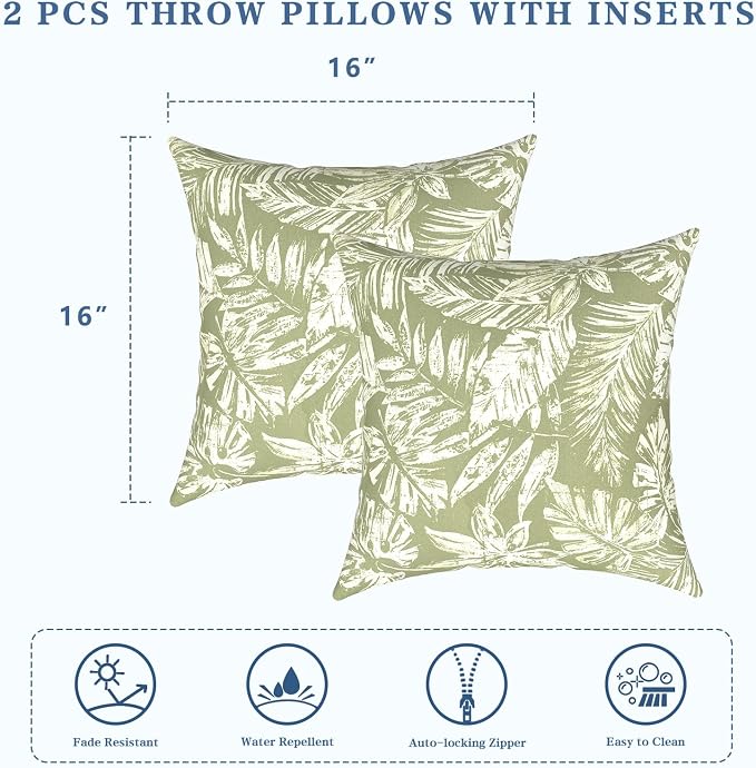 LVTXIII Outdoor Throw Pillows 16x16 Inch, Set of 2 Square Decorative Pillows with Inserts for Patio Furniture, Porch Chair, Garden Sofa, Tropical Leaf Green