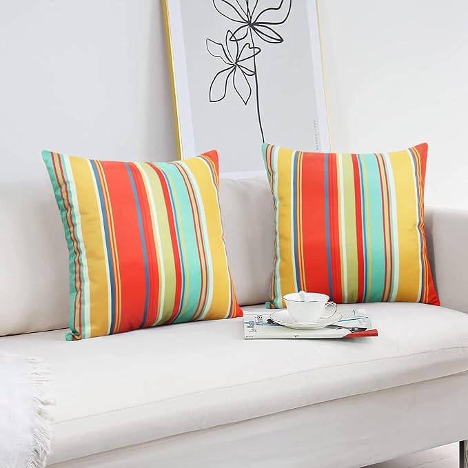 Pyonic Outdoor Pillow Covers Waterproof Throw Pillow Covers Set of 2,Decorative Square Beach Pillowcase Patio Pillows for Porch Furniture Tent Garden Couch,Color Stripe(Red) 20x20Inches