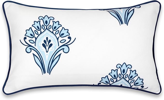 Hofdeco Premium Coastal Patio Indoor Outdoor Lumbar Pillow Cover Only, 12"x20" Water Repellent for Backyard, Couch, Navy Blue Floral with Piping