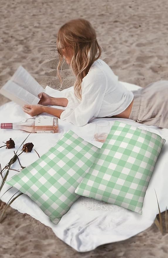 Outdoor Waterproof Throw Pillow Covers Set of 2 Light Green Buffalo Check Plaid Lumbar Pillowcases 20x12 Inches Farmhouse Style Decorative Pillows Cushion Case Patio Pillows for Couch Bed Garden