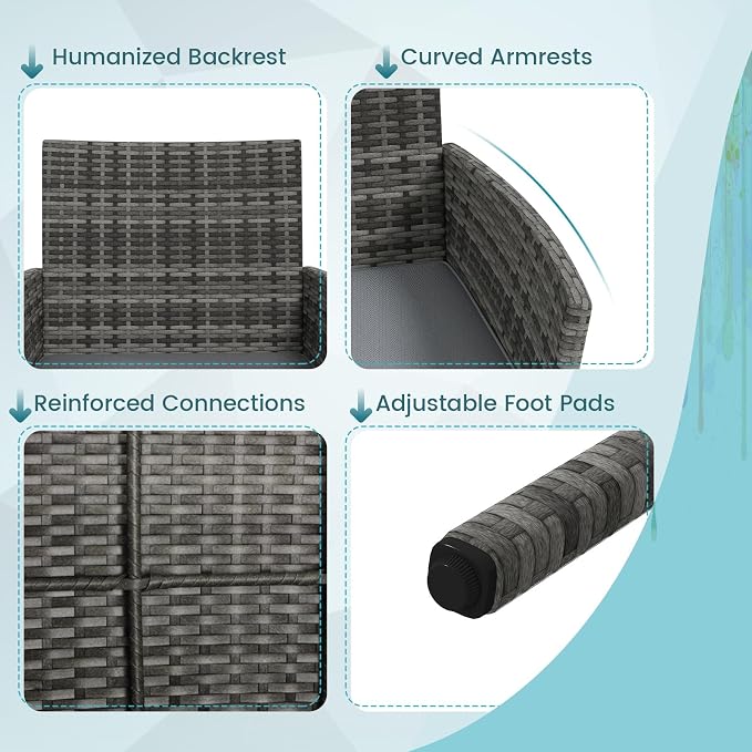 HAPPYGRILL 8 Pieces Outdoor Rattan Conversation Set, Patio Wicker Furniture Set with Loveseat Chairs & Tempered Glass Coffee Table, Outside Sectional Sofa Set for Backyard Garden Poolside, Gray