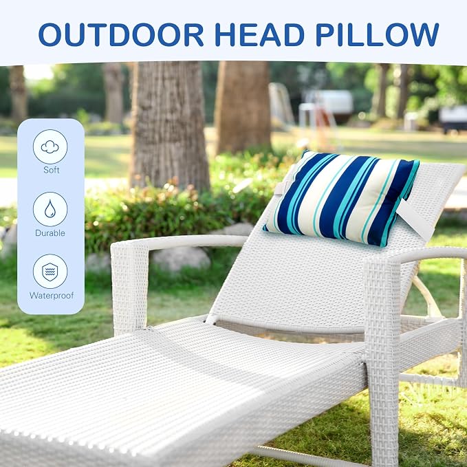 Lineshading 4 Pcs Chaise Lounge Pillow with Strap Outdoor Waterproof Pool Chair Neck Headrest Pillows with Adjustable Elastic Band for Beach Patio Chair Recliner(Blue,Stripe)
