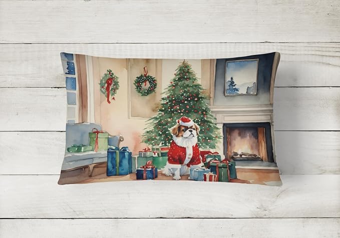 Caroline's Treasures DAC2684PW1216 Japanese Chin Cozy Christmas Throw Pillow Machine Washable, Indoor Outdoor Decorative Pillow for Couch, Bed or Patio, 12HX16W