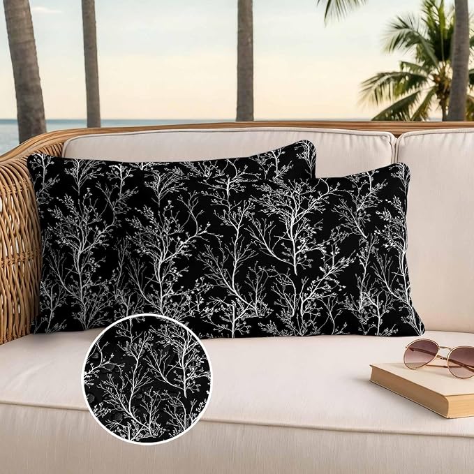 Black Branches Waterproof Outdoor Pillow Covers Set of 2 Home Decor, Abstract Art Leaves Plant Lumbar Pillowcase Patio Pillow Covers for Couch Bench Patio Furniture Garden 20x12in