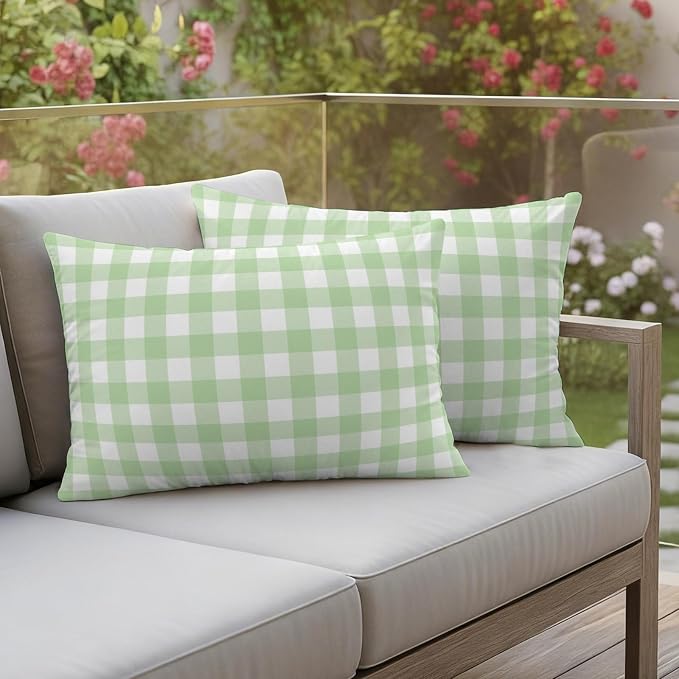 Mint Green Checks Outdoor Pillow Covers 20"x12" Set of 2, Gingham Plaid Abstract Modern Minimalist Waterproof Throw Pillow Covers for Patio Furniture, Decorative Cushion Covers for Porch