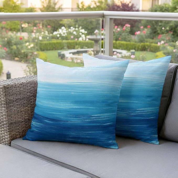 Outdoor Waterproof Throw Pillow Covers, Sky Blue Coastal Decorative Pillow Cases, Nautical Modern Ocean Wave Couch Pillow Protector Patio Sofa Cushion Covers Replacement 24"x24" 2 Pack