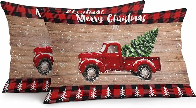 YOKOU Outdoor Throw Pillow Covers, Merry Christmas Truck Tree Vintage Board Wood Grain Buffalo Check Waterproof Pillowcases Cushion Covers Cases for Patio Couch Bench, Pack of 2 Rectangle, 20"X12"