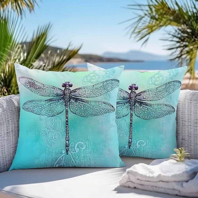 Vandarllin Outdoor Throw Pillows Covers 26x26 inch Set of 2 Waterproof Watercolors Dragonfly Decorative Zippered Cushion Covers for Patio Furniture, Teal Painting Lumbar Pillowcases
