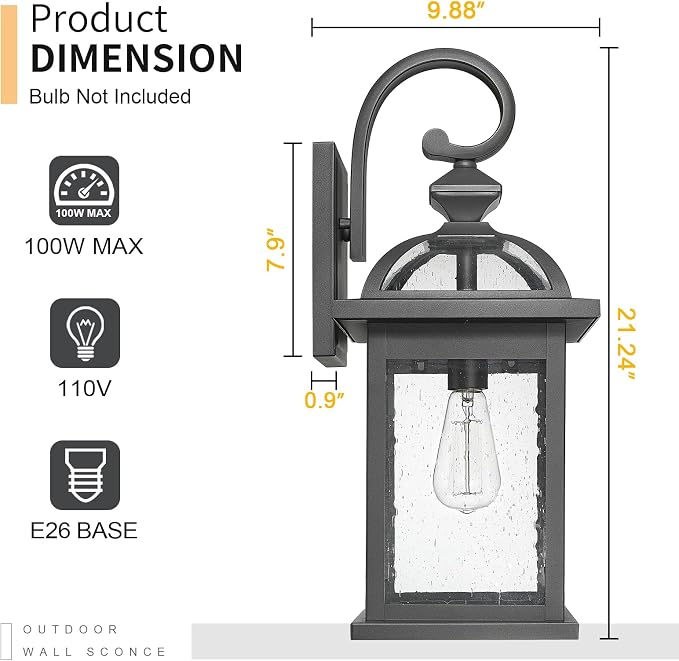 Darkaway Dusk to Dawn Outdoor Lights Fixture Wall Mount,Large 22inch Exterior Wall Light with Seeded Glass Waterproof Black Outside Wall Sconce for House Porch Hallway Garage