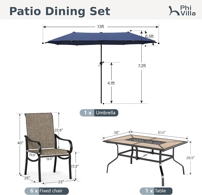 PHI VILLA 8 Pcs Outdoor Dining Set with 13ft Umbrella, Mesh Dining Chairs | 60'' wood-look rectangular table, 6 patio textilene chairs and 13ft navy blue umbrella(NO BASE) for deck, garden, backyard