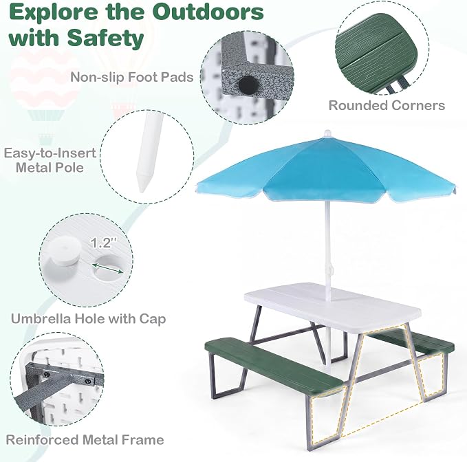 Costzon Kids Picnic Table, Toddler Outdoor Table & Bench Set with Removable Umbrella, HDPE Tabletop, Metal Frame, Kids Outdoor Furniture for Patio Backyard Garden, Fits 4 Children Age 3+ (Green)
