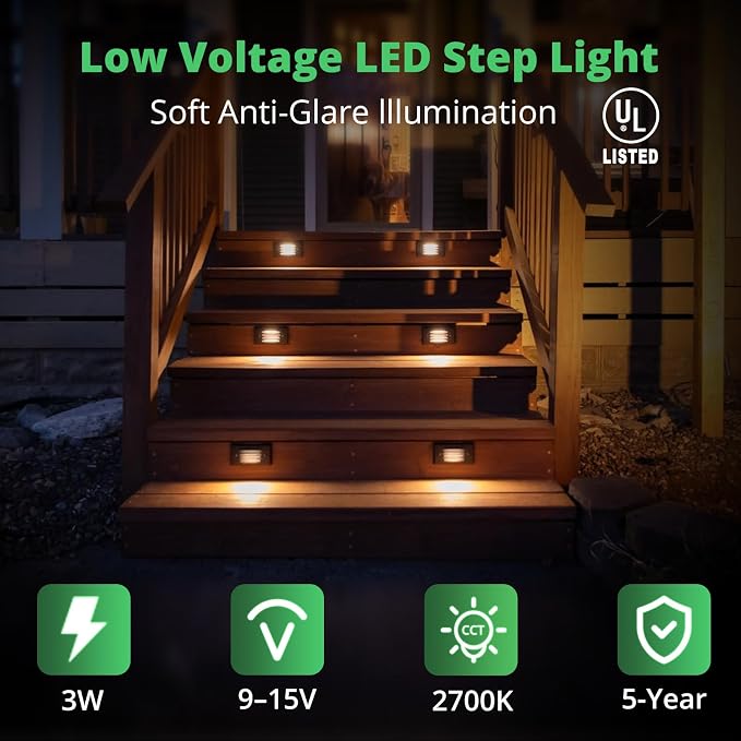 12V 3W Surface Mount Low Voltage LED Step Light Fixture with Horizontal Louvered Faceplate for Steps Decks Pathway Yard Stairs Fences, IP65 Outdoor Waterproof, Wet Locations, 6 Pack