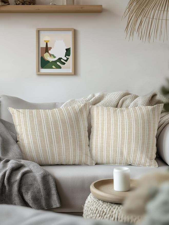 Waterproof Outdoor Pillow 1 Pack Beige Linen Striped Decorative Throw Pillows Cover & Insert 16x16 Inch Pillowcase Vertical Stripes Lines Pillows for Couch Sofa Bed Patio Furniture Indoor Outdoor
