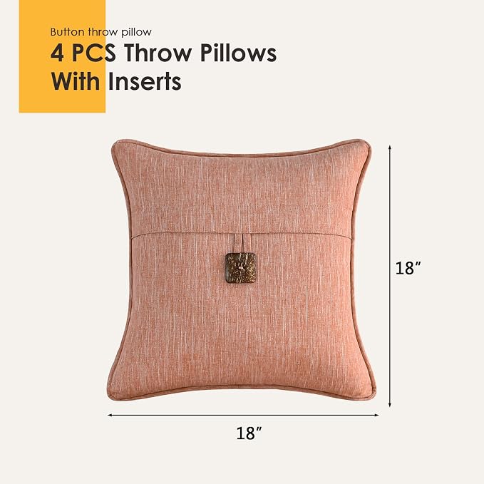 Outdoor Decorative Pillows with Coconut Button Pack of 4, 18" x 18" Outdoor Pillow Set for Couch Bed Throw Patio Sofa, Light Lotus Red