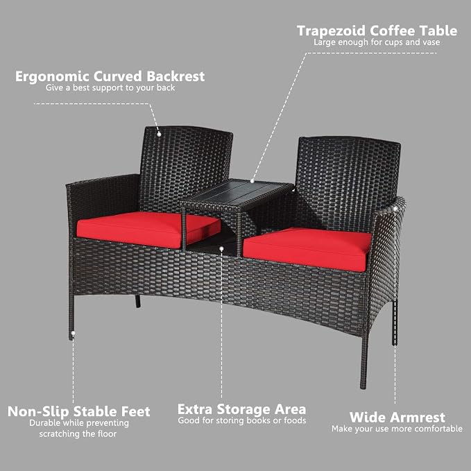 HAPPYGRILL Outdoor Loveseat Patio Rattan Wicker Conversation Set with Removable Cushions, Wicker Sofa Furniture Set with Coffee Table for Garden Lawn Backyard