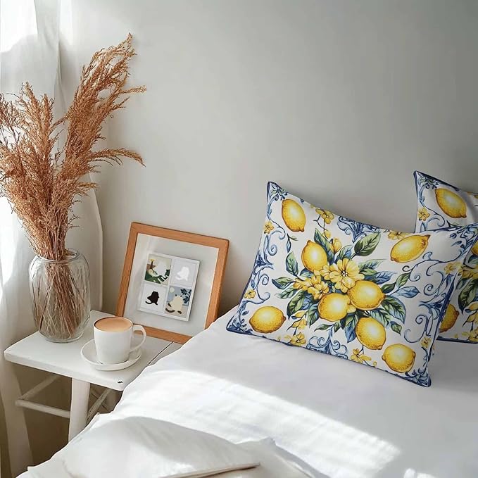 Lumbar Pillow Covers 20x12 Inch Set of 2, Yellow Lemon Waterproof Outdoor Cushion Covers, Middle Century Blue Italian Textured Decorative Pillowcases for Couch, Sofa, Bed, Garden, Patio