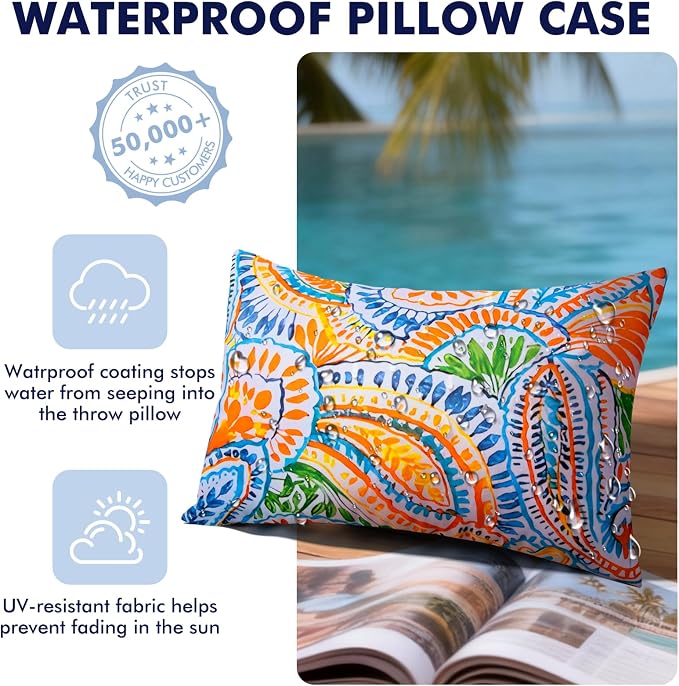 2 Pack Waterproof Outdoor Pillows, 12x20 Outdoor Lumbar Pillows | Patio Furniture Pillows, Decorative Throw Pillows, Waterproof &Fade Resistant, Removable & Washable, Paisley Multi Orange
