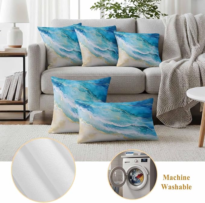 Abstract Waves Outdoor Waterproof Throw Pillow Covers Set of 2, 20"x12", Surrealism Spray Beach Ocean Watercolor Decorative Pillow Covers Outside Cushion Case for Patio Porch Garden