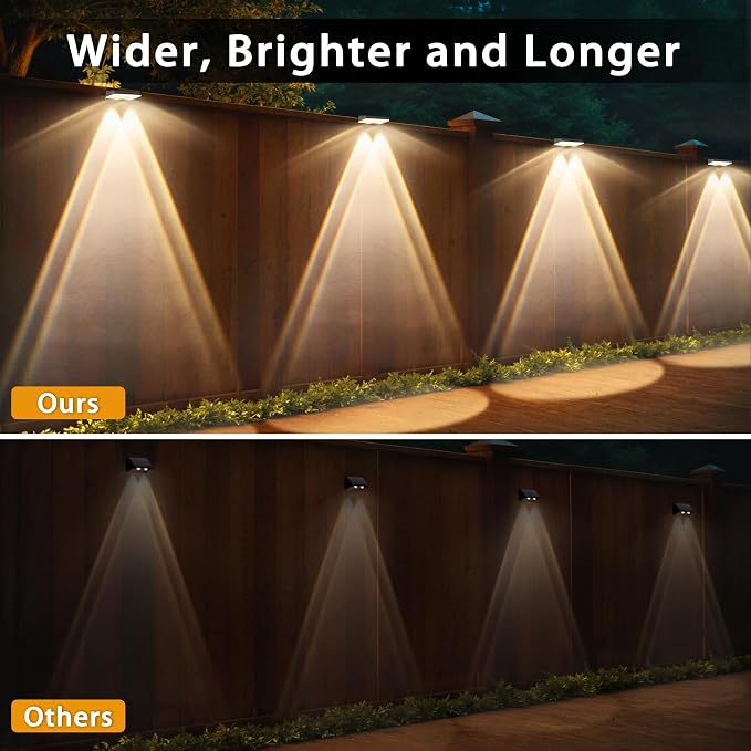 Solar Fence Lights Outdoor, 2 Pack Fence Lights Solar Powered, 3 Color Modes Warm/Natural/Cool White (3000K/4000K/6000K), IP67 Waterproof Dusk to Dawn Solar Lights for Fence, Backyard, Patio, Deck