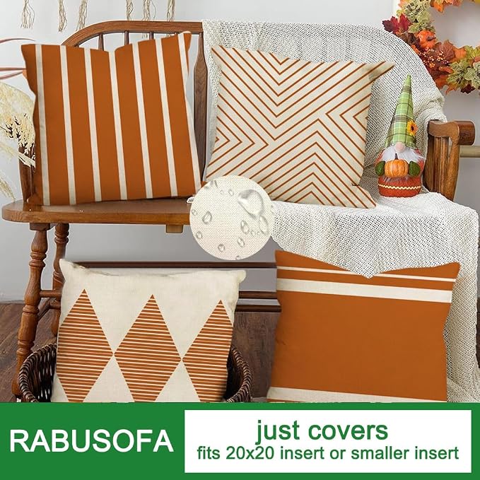 Outdoor Pillows Covers 20x20 Waterproof,Orange and Beige Set of 4(No Insert | for Covered Patio Furniture Couch Sunbrella,No Insert Just Covers,Fit 20x20 inch Inserts or Smaller,Durable Polyester,Boho