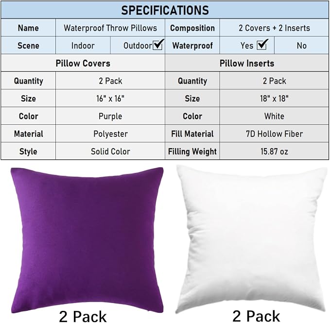 Outdoor Throw Pillows with Inserts, Waterproof Pillows for Outdoor Seating, Square Decorative Garden Cushion for Patio Furniture, Bed, Couch, Sofa(Purple, 16" x 16" (Pack of 2))