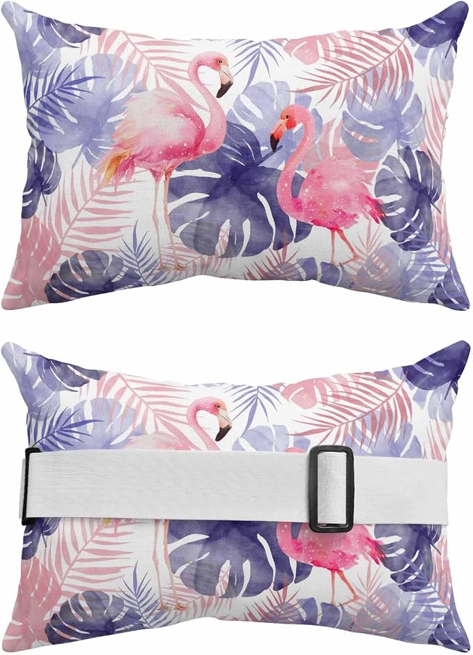 Outdoor Lumbar Pillow Set of 2, Flamingos Waterproof Beach Headrest Pillow with Inserts, Purple Summer Monstera Leaves Tropical Vintage Recliner Throw Pillows for Patio Furniture, 11 x 16