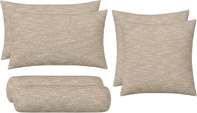 RSH DECOR: 6-Pack Pillow Set | Sunbrella Performance Fabric |Water & Fade-Resistant| 17" Square, 20"x12" Lumbar, 20"x6" Neck Roll | Outdoor Patio Pillows | Made in USA (Soft Cloud Chenille Burlap)