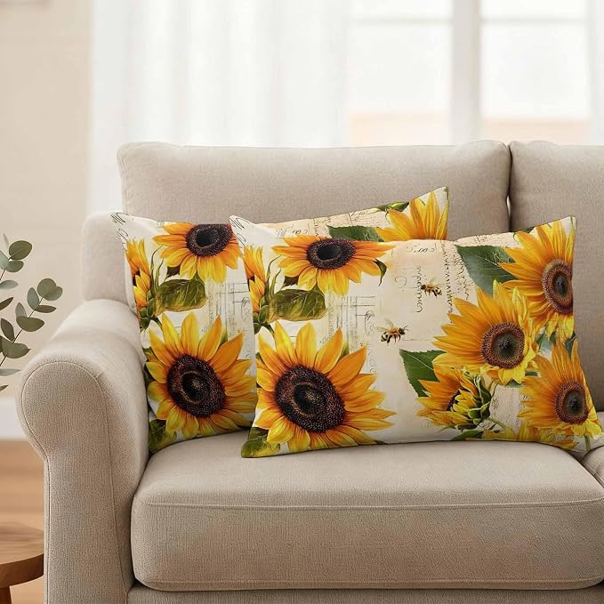 Lumbar Pillow Covers 20x12 Inch Set of 2, Yellow Sunflowers Waterproof Outdoor Cushion Covers, Country Vintage Botanical Floral Decorative Pillowcases for Couch, Sofa, Bed, Garden, Patio