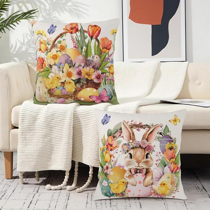 Easter Throw Pillow Covers Spring Floral Wreath Bunny Throw Pillow Covers 16x16 Set of 2 Rabbit with Tulip Flower Pillow Cases Colorful Easter Eggs Cushion Cases for Couch Sofa