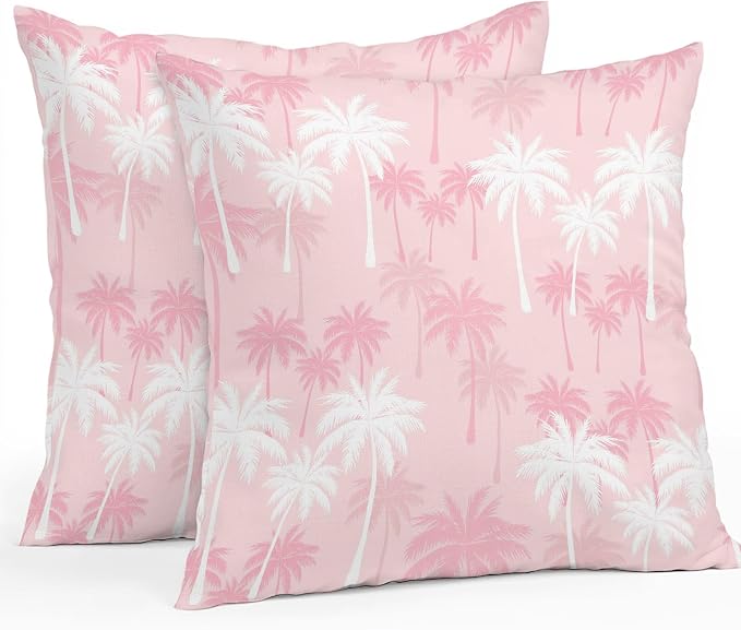 Throw Pillow Covers 20x20 Inch Set of 2, Tropical Palm Tree Waterproof Outdoor Pillow Covers, Pink White Plants Coastal Leaf Beach Decorative Cushion Pillowcases for Couch, Sofa, Bed, Garden, Patio