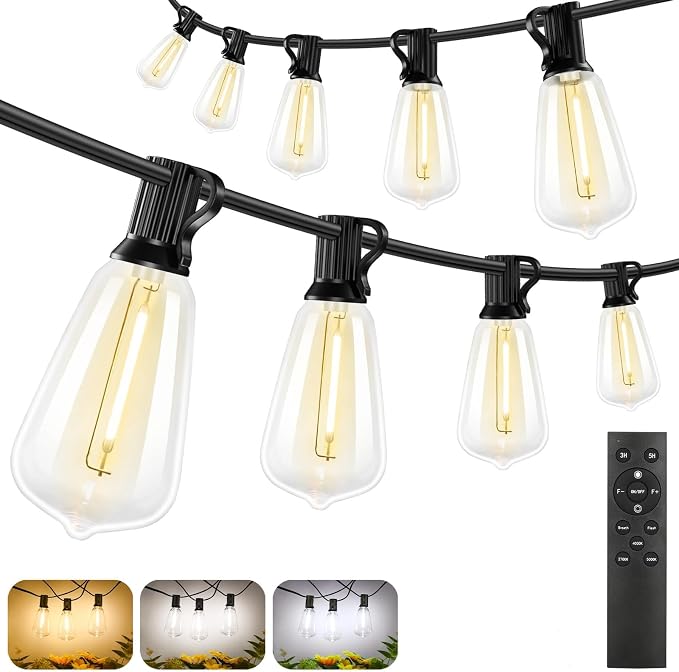 3 Color in 1 Outdoor String Lights with Remote, 150FT LED String Lights for Outside with 47 ST38 Vintage LED Bulbs, Waterproof IP65 Outdoor Light for Patio, Bistro, 2700K/4000K/5000K