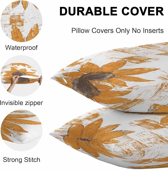 Vandarllin Outdoor Throw Pillows Covers 20x12 inch Set of 2 Waterproof Orange Sunflower Decorative Zippered Cushion Covers for Patio Furniture, Flower Field Lumbar Pillowcases