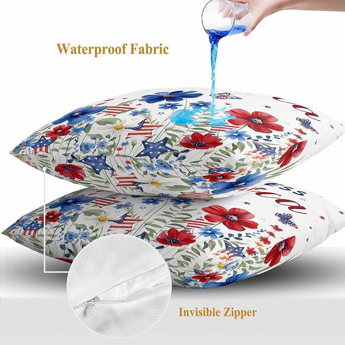 God Bless USA Outdoor Waterproof Throw Pillow Covers Set of 2, 26"x26", Red Blue Daisy Butterfly Independence Day Decorative Pillow Covers Outside Cushion Case for Patio Porch Garden