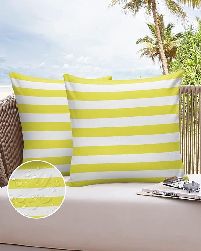 Outdoor Waterproof Pillow Covers for Patio Furniture Yellow and White Stripes Decorative Throw Pillow Cover Solid Striped Pillowcases Set of 2 Cushion Case for Sofa Couch Chair 18 x 18 in