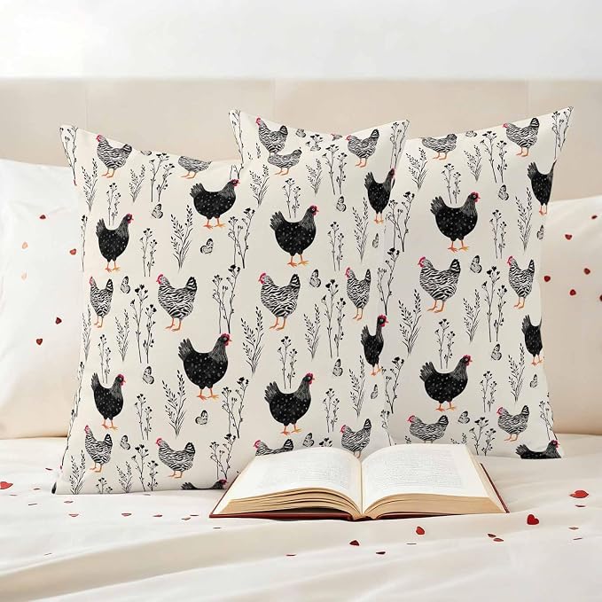 Beige Farm Chicken Outdoor Pillow Covers 16"x16" Set of 2, Country Farmhouse Black White Rooster Flower Leaf Waterproof Throw Pillow Covers for Patio Furniture, Decorative Cushion Covers for Porch