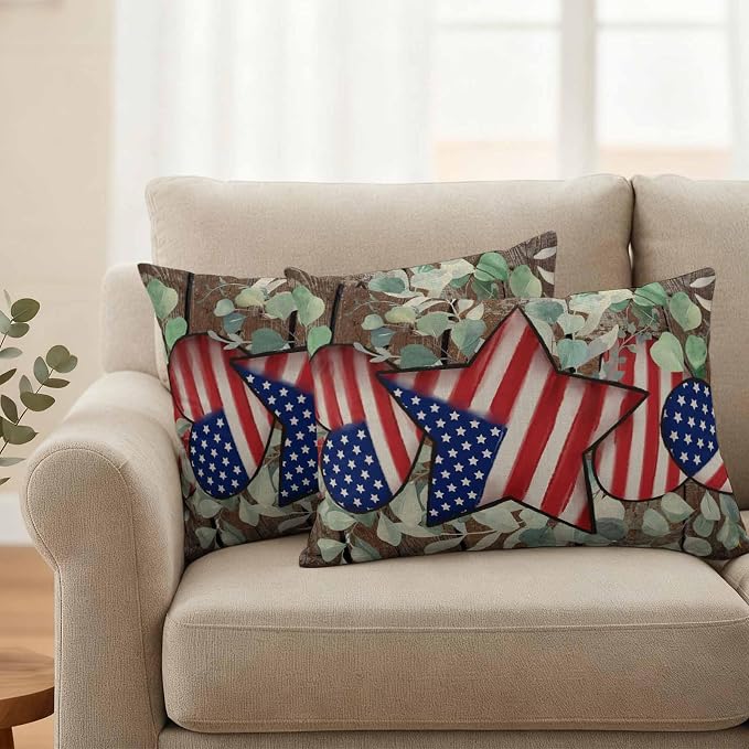 4th of July Waterproof Outdoor Pillow Covers Set of 2 Home Decor, Vintage Eucalyptus Leaf Stars Stripes Flag Pillowcase Patio Pillow Covers for Couch Bench Furniture Garden 20x12in