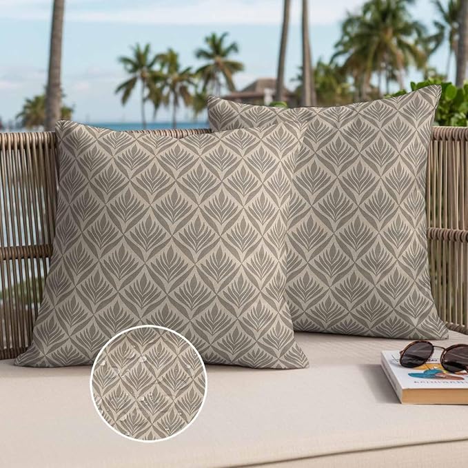 Retro Brown Outdoor Waterproof Throw Pillow Covers Set of 2, 24"x24", Floral Modern Abstract Geometric Decorative Pillow Covers Outside Cushion Case for Patio Porch Garden