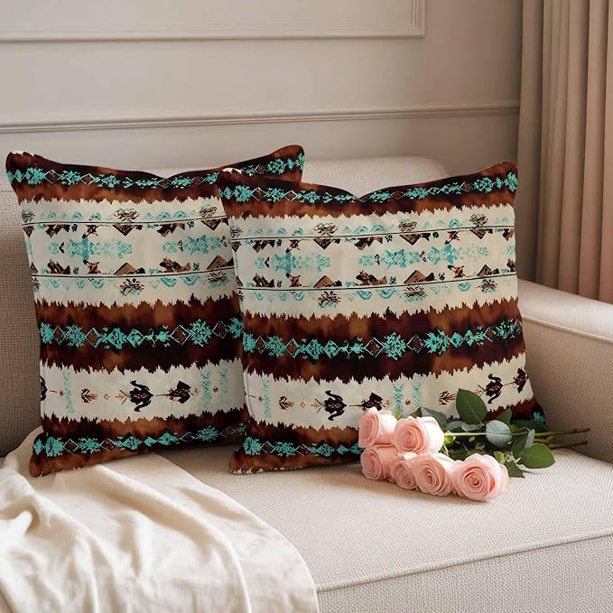 Western Aztec Outdoor Pillow Covers 18"x18" Set of 2, Brown Turquoise Tribal Ethnic Geometric Waterproof Throw Pillow Covers for Patio Furniture, Decorative Cushion Covers for Porch