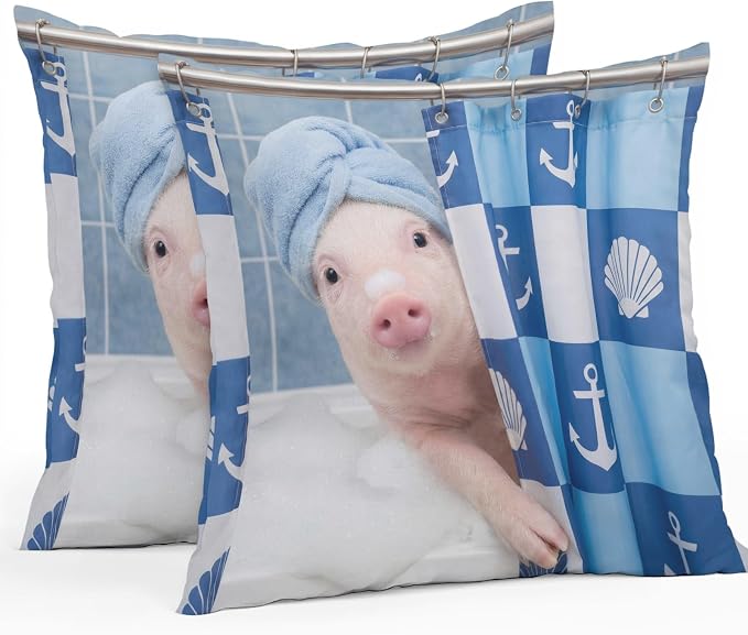 Bathing Pig Waterproof Outdoor Pillow Covers Set of 2 Home Decor, Funny Animal Showering Pillowcase Patio Pillow Covers for Couch Bench Patio Furniture Garden 16x16in