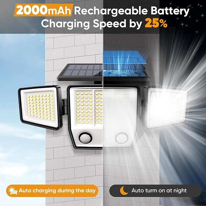 MDCMDCM Solar Motion Sensor Outdoor Lights Waterproof - 3000LM 3 Modes Security Lights Outdoor 270° Illumination IP65 LED Solar Flood Wall Light for Garden Yard Patio Pathway (with Stakes, 1)