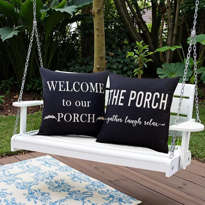 Porch Patio Decor Black Outdoor Throw Pillow Covers Waterproof 18x18 | Set of 2, Black and White Outdoor Pillows, Porch Decorations Outdoor, Porch Pillows, Outdoor Pillows for Patio Furniture