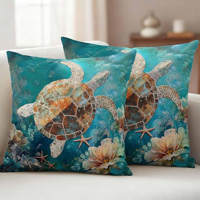 Ocean Turtle Outdoor Waterproof Throw Pillow Covers Set of 2, 26"x26", Marine Life Retro Starfish Coral Abstract Decorative Pillow Covers Outside Cushion Case for Patio Porch Garden