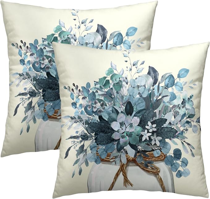 Eucalyptus Throw Pillow Covers 18x18 Set of 2, Rustic Winter Blue Leaves Greenery Vase Farmhouse Decorative Pillow Cases Cotton Cushion Cover for Home Sofa Couch Decor