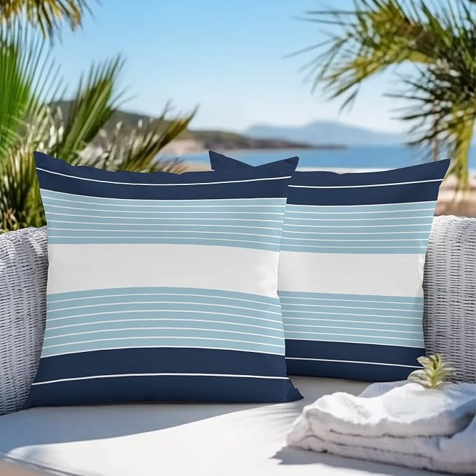 Navy Blue Aqua Stripe Outdoor Pillow Covers Waterproof, All Weather Cushion Case Set of 2, Modern Art Horizontal Striped Decorative Pillowcases for Sofa Couch Bed Decor Patio Furniture 16"x16"