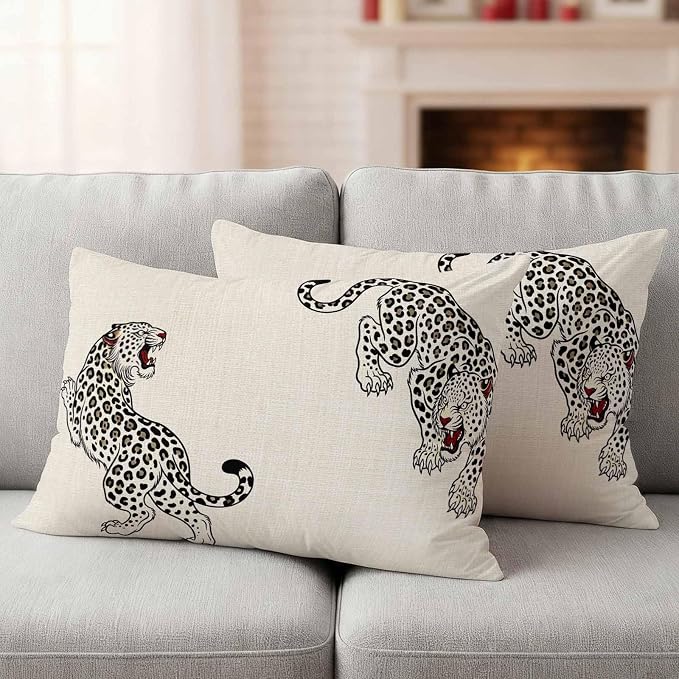 Yukro Beige Leopard Outdoor Waterproof Pillow Covers Pack of 2, Modern Style Wild Animal Rustic Linen Texture Throw Pillowcases Decorative Cushion Covers for Garden Patio Tent Sofa Couch, 20x12 inch