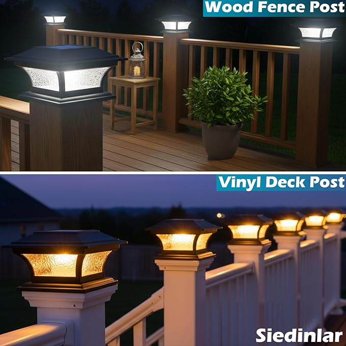 SIEDiNLAR Solar Post Lights Outdoor Glass LED Fence Cap Light 2 Modes for 4x4 5x5 6x6 Posts Deck Patio Garden Decoration Warm White/Cool White Lighting Black (2 Pack)