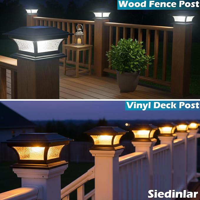 SIEDiNLAR Solar Post Lights Outdoor Glass LED Fence Cap Light 2 Modes for 4x4 5x5 6x6 Posts Deck Patio Garden Decoration Warm White/Cool White Lighting Black (4 Pack)
