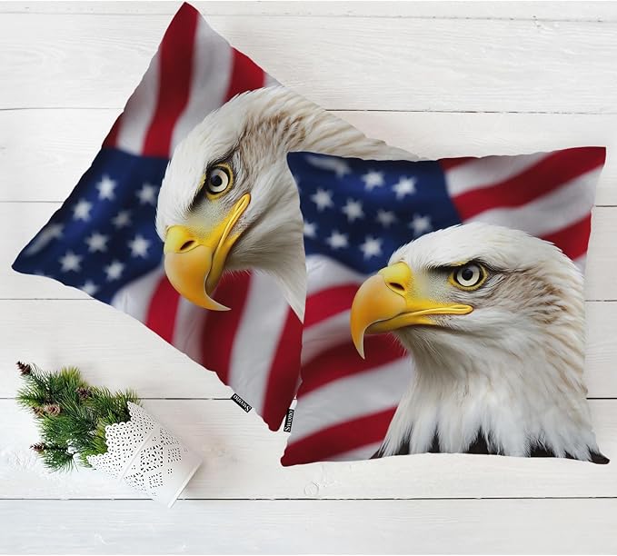 Swono American Bald Eagle Pack of 2 Throw Pillow Cases, Eagle On USA Flag Cozy Pillow Cover Square 18"X18" Cushion Case Set Pillowcase Decorative for Home Sofa Bedroom Car Office