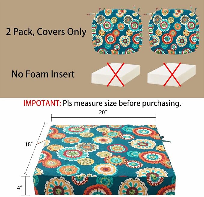 Magpie Fabrics Indoor Outdoor Cushion Cover Replacement 2 Pack, NO Insert! Water Repellent Slipcover with Ties Decor for Patio Garden Chair Sofa Bench Wicker(Floral Green, 20x18x4 Inch)