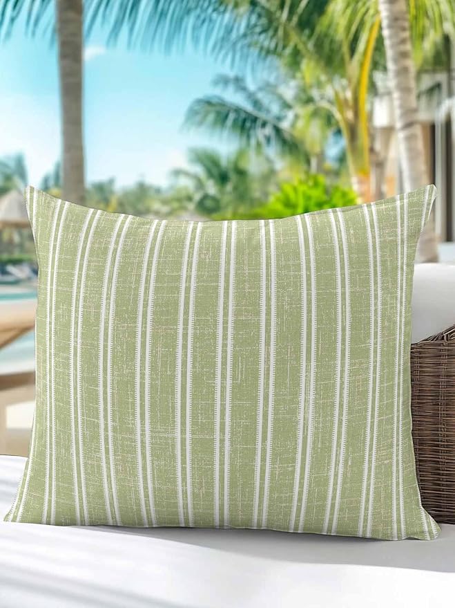 Waterproof Outdoor Pillow 1 Pack Sage Green Linen Striped Decorative Throw Pillows Cover & Insert 16x16 Inch Pillowcase Vertical Stripes Lines Pillows for Couch Sofa Bed Patio Furniture Indoor Outdoor